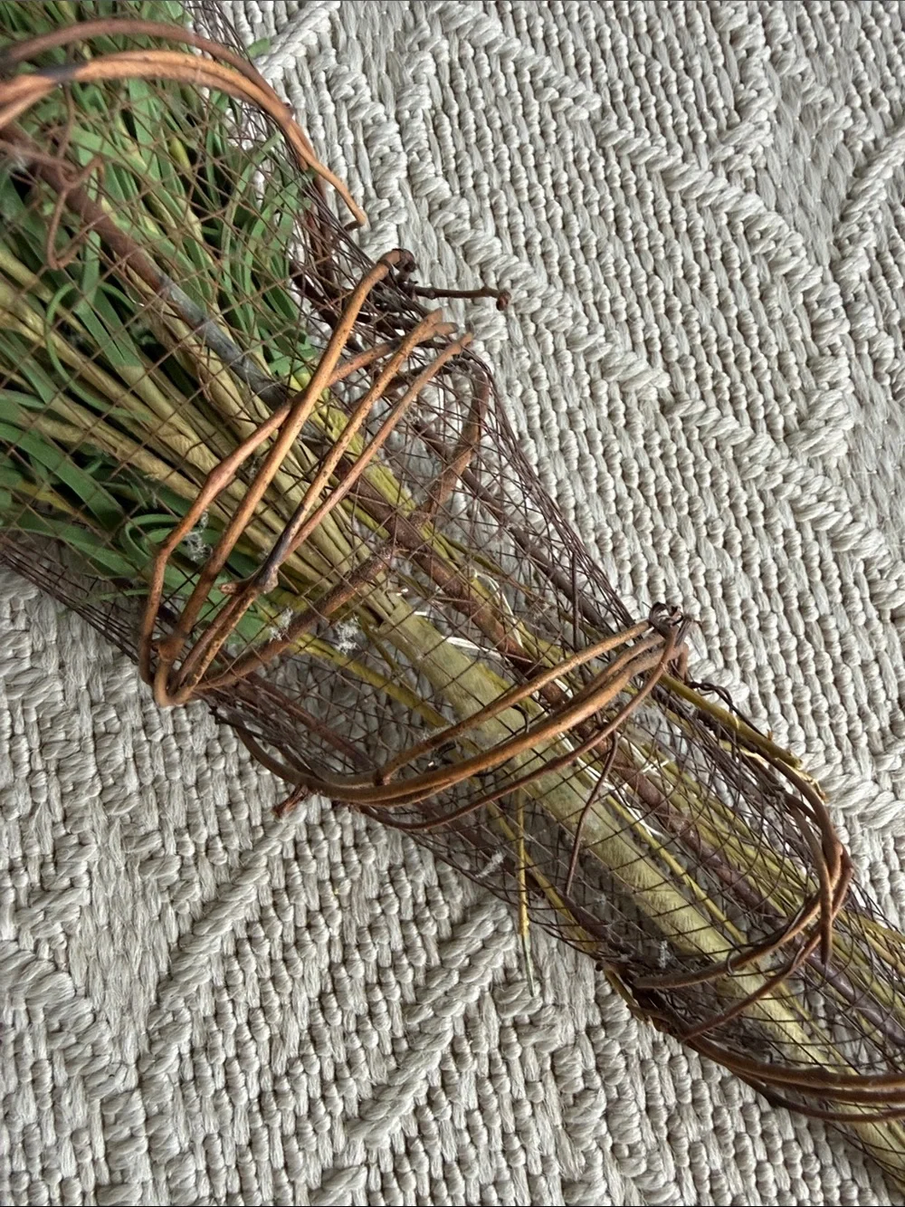 Rustic Wire and Twine Cone Hanging Bouquet Basket Faux Lavender Florals